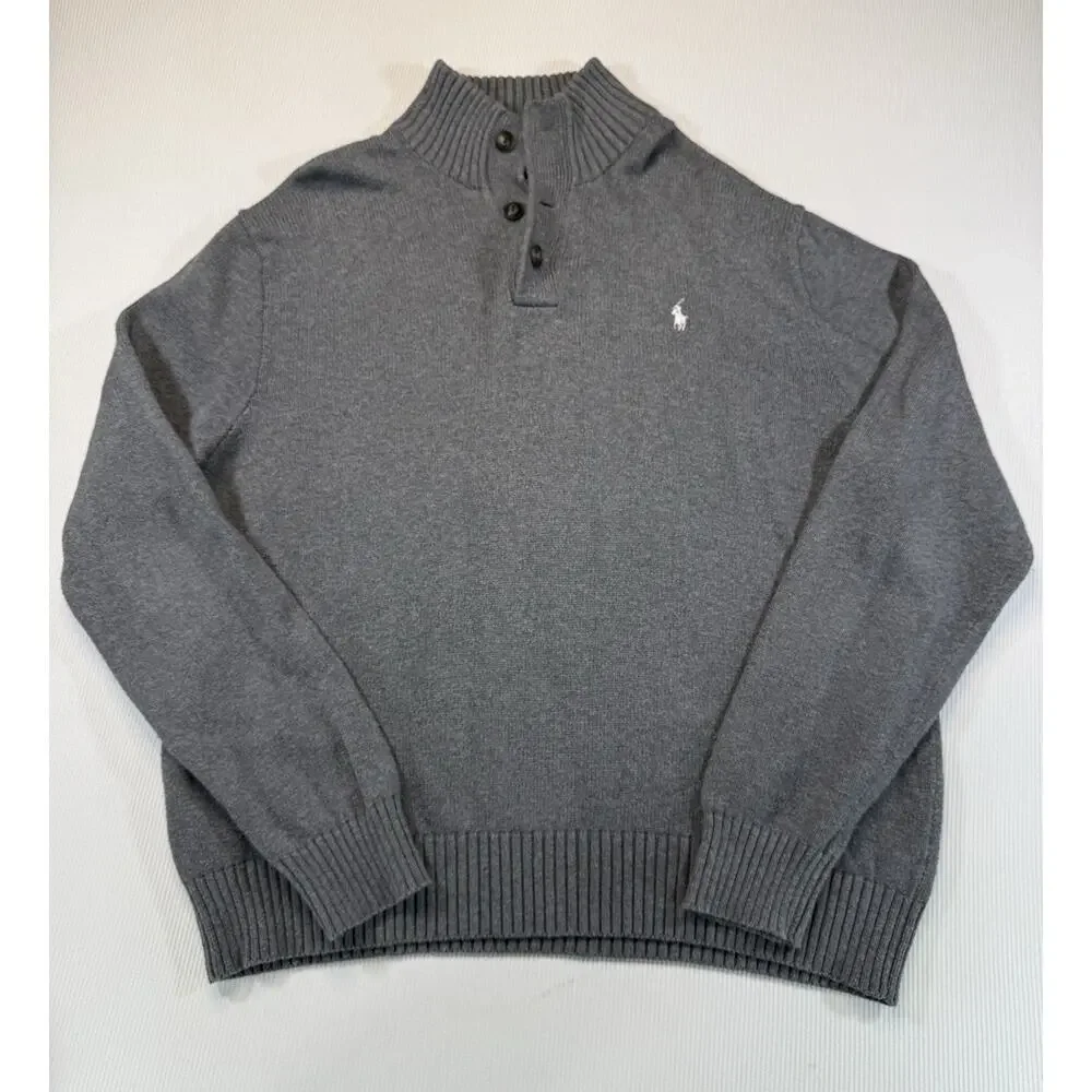 Polo Ralph Lauren Sweater Mens XL Gray Cotton Button Mock Neck Pullover